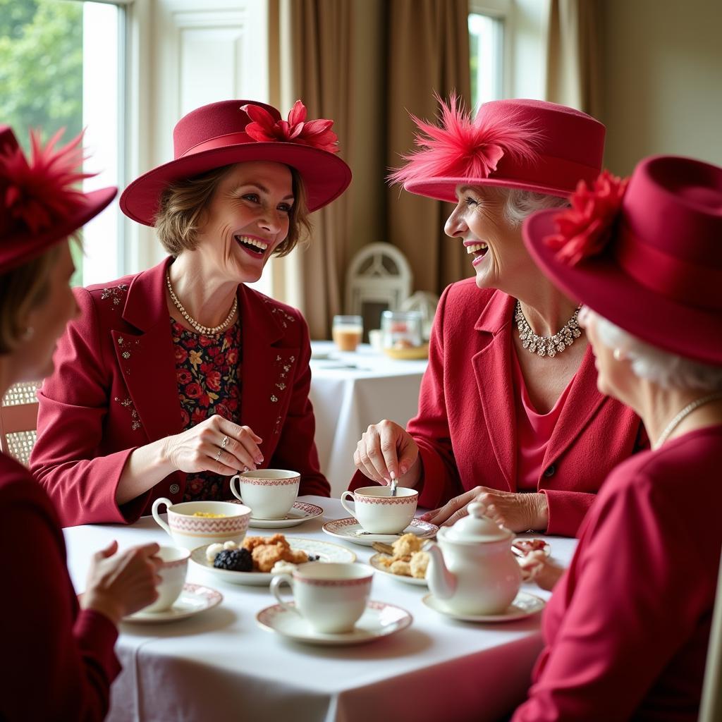 Red Hat Society Members Enjoying a Tea Party