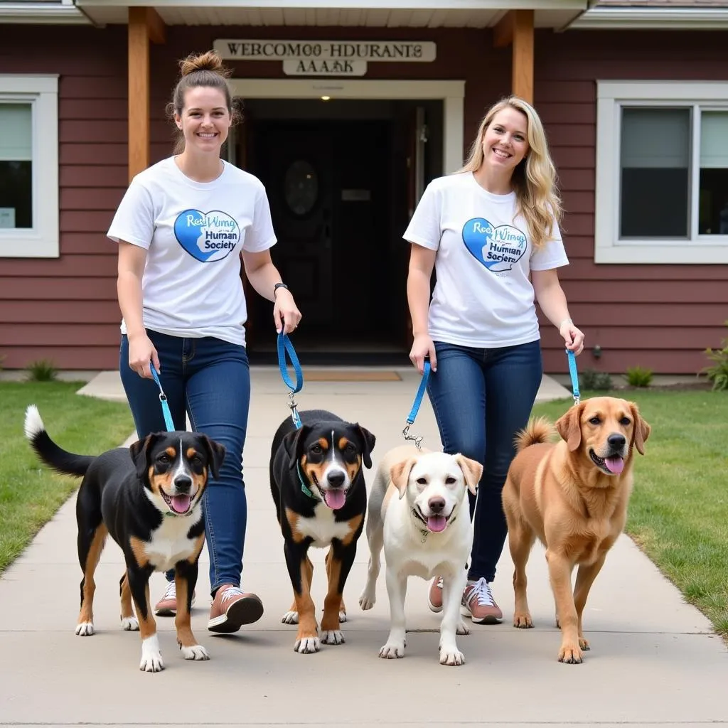 Volunteers walking dogs outside the Red Wing Humane Society