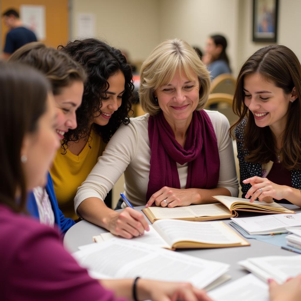 Women studying together for Relief Society lesson