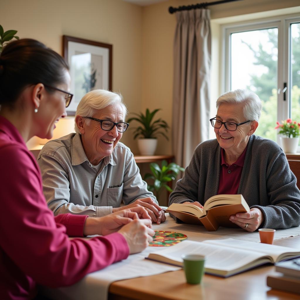 Members of a relief society share smiles and conversation with seniors at a care facility