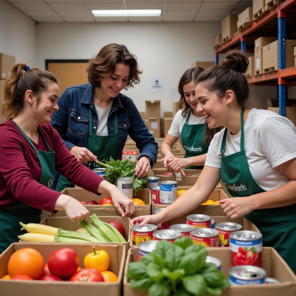 Volunteers from a relief society organize donations at a local food bank