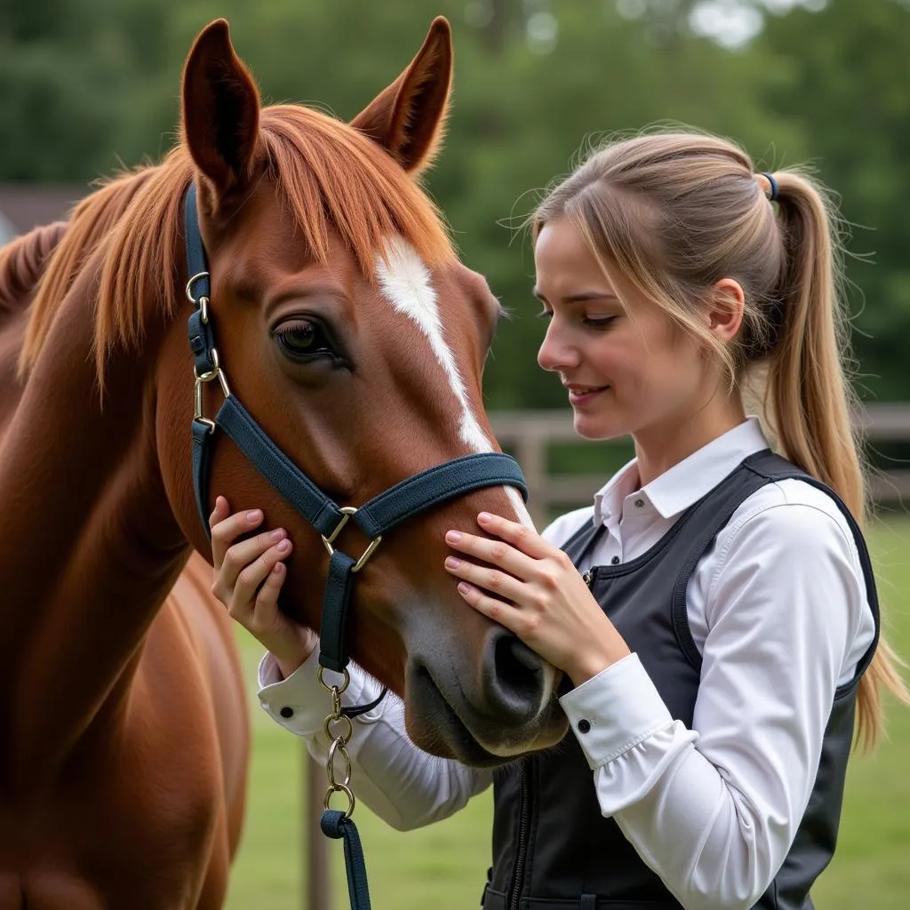 A rescued horse gently nuzzles the hand of its caretaker in a heartwarming display of trust and gratitude