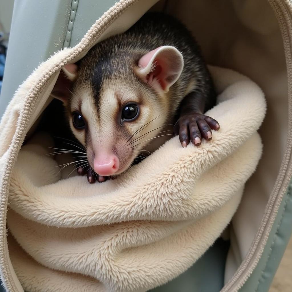 A rehabilitated opossum being cared for at a wildlife rescue center.