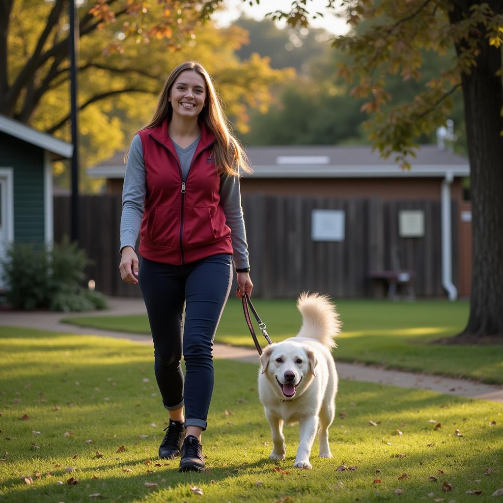 Volunteer walking a happy dog outside the Rhinelander Humane Society