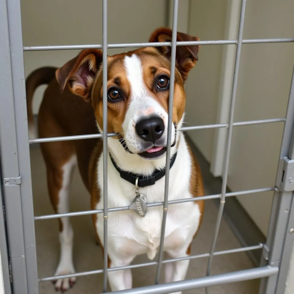 Dog peering out from a kennel at the Richland Humane Society