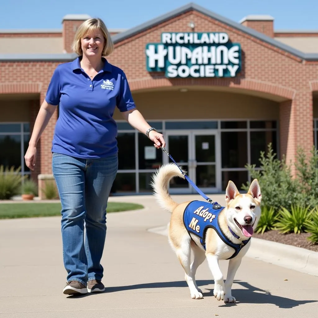 Volunteer walking a dog at the Richland Humane Society