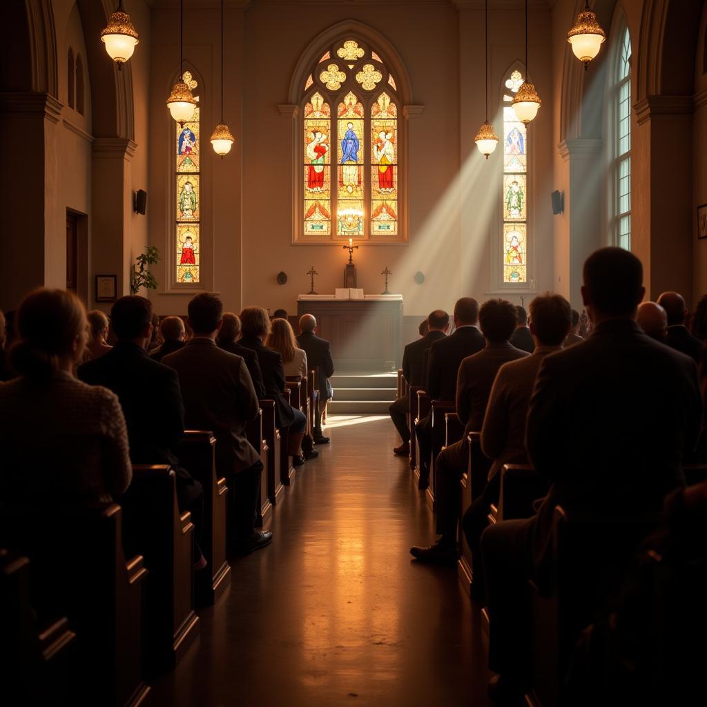 A view from the back of a brightly lit sanctuary with sunlight streaming through stained glass windows, showcasing a diverse congregation listening intently to a speaker at the pulpit.