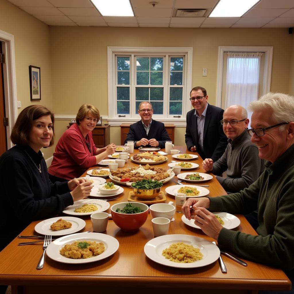  A group of diverse individuals, including families with children, engaged in a lively potluck dinner in the Unitarian Society's fellowship hall, with tables adorned with food and laughter filling the air. 