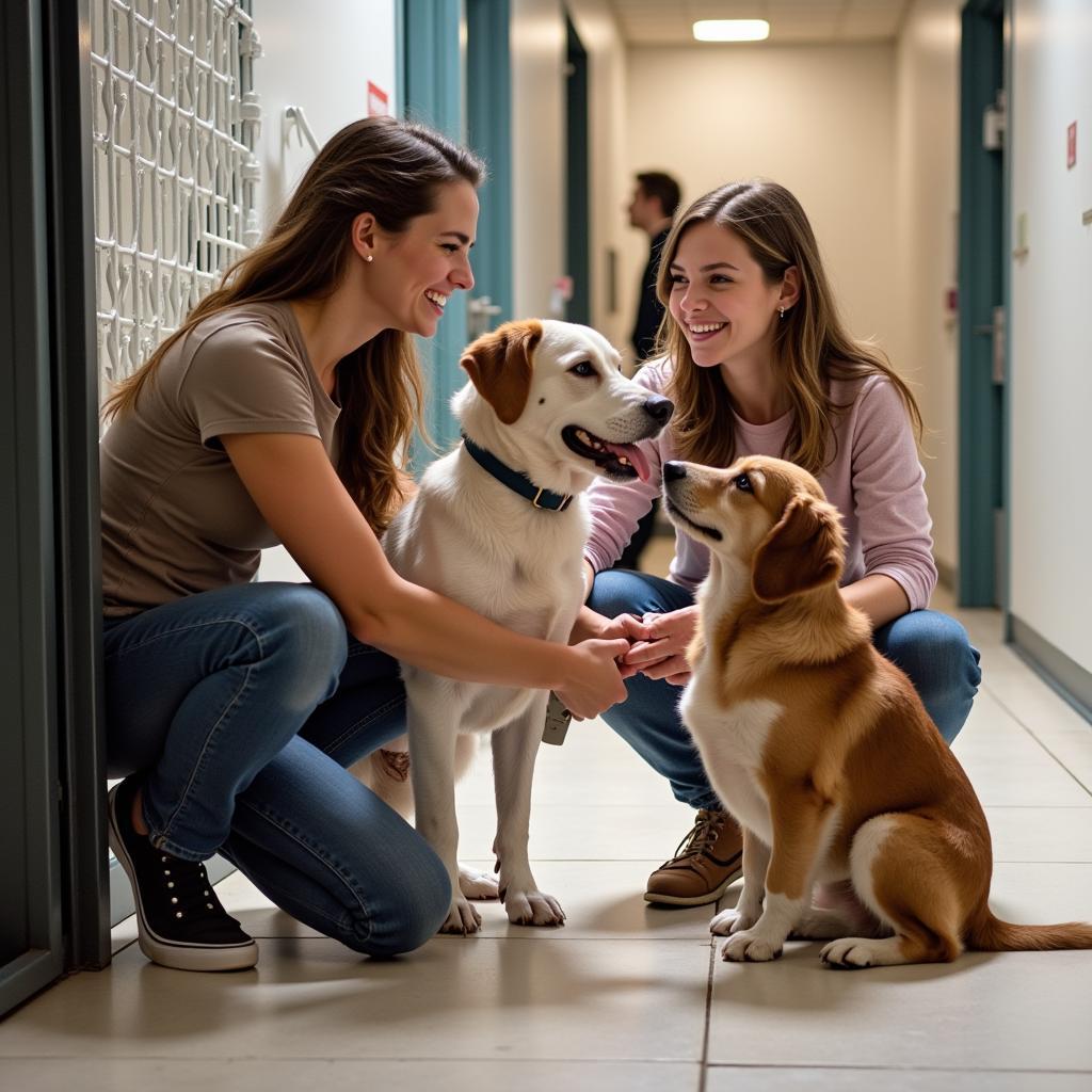 A heartwarming photo of a family meeting a playful dog at the Ripley County Humane Society, capturing the joy of potential adoption.