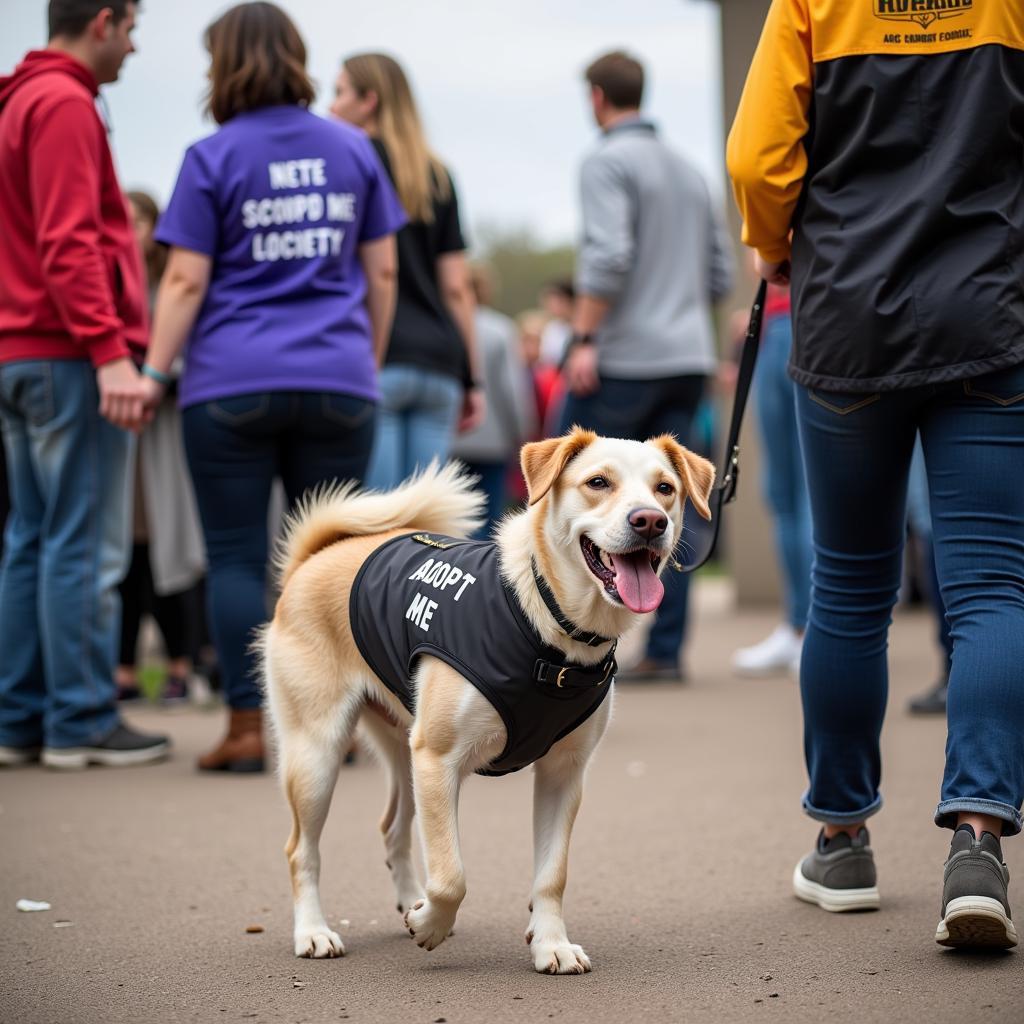 Volunteer walking a dog at RiverBluff Humane Society adoption event.