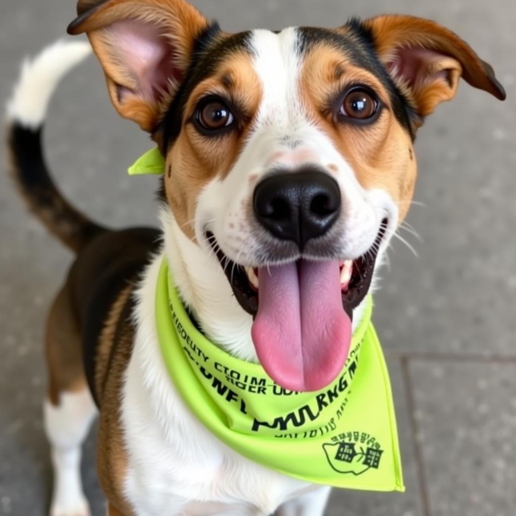 Smiling dog with adoption bandana at Robeson County Humane Society