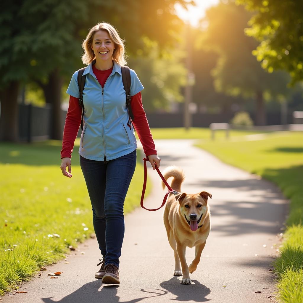 Volunteer walking a dog from the Robeson County Humane Society