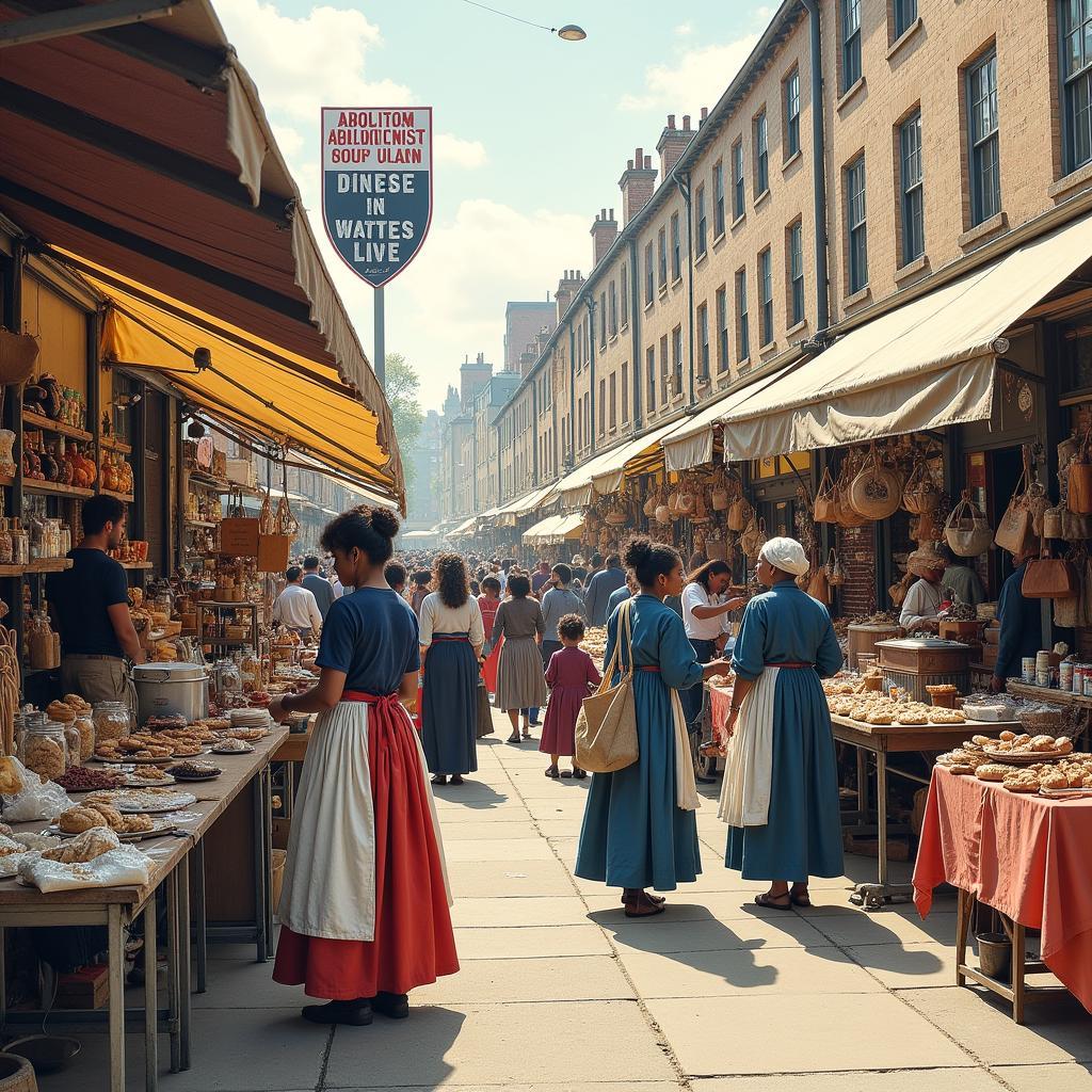 A scene from a fundraising bazaar organized by the Rochester Ladies' Anti-Slavery Society