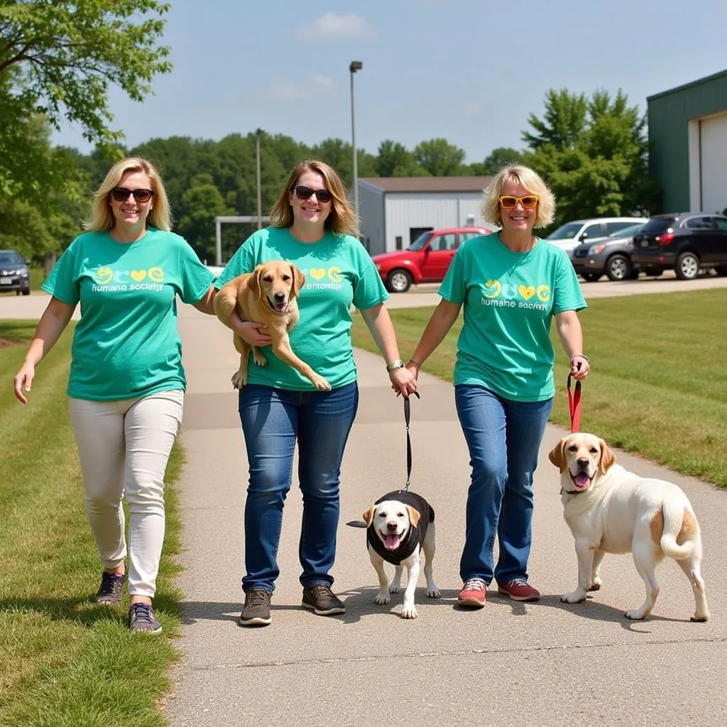 Volunteers walking dogs at the Rolla MO Humane Society 