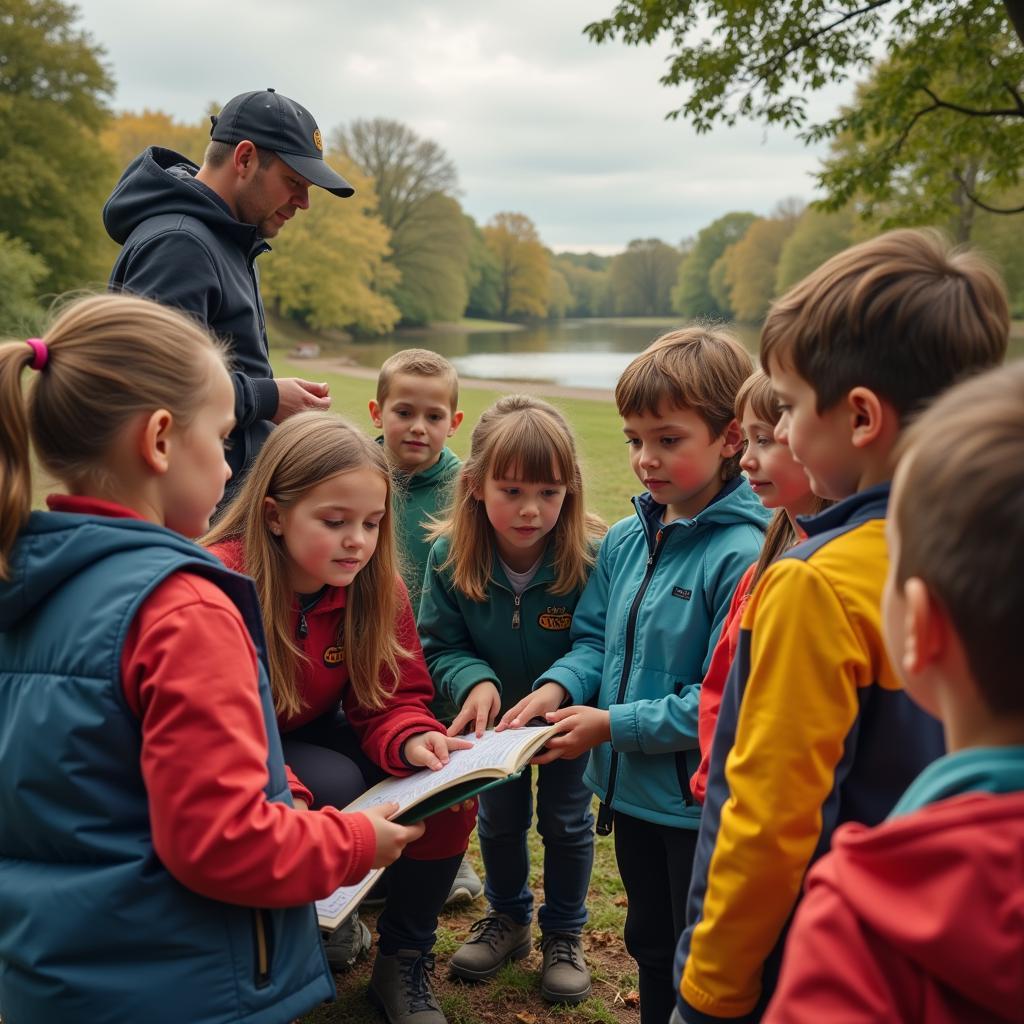 A group of children participating in an educational program organized by the Royal Society for the Protection of Birds.