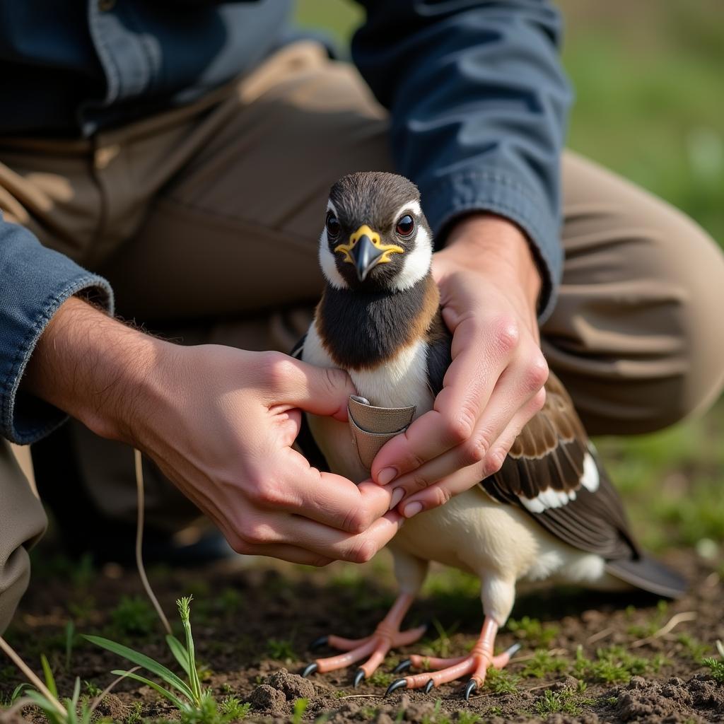 Volunteer of the Royal Society for the Protection of Birds banding a bird.