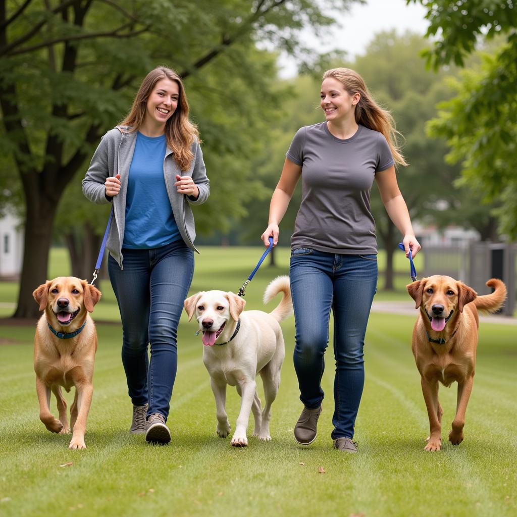 Volunteers walking dogs at Rushville Humane Society