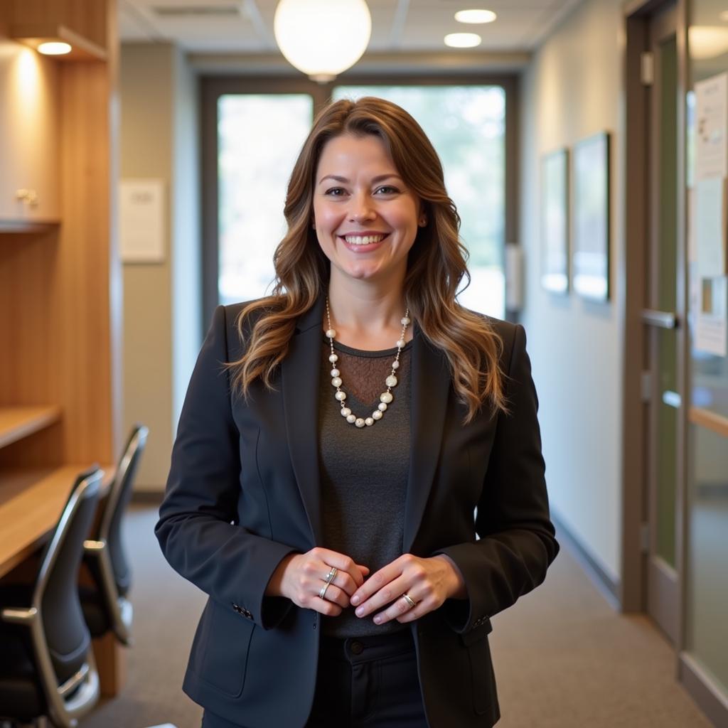 A woman stands confidently in her workplace