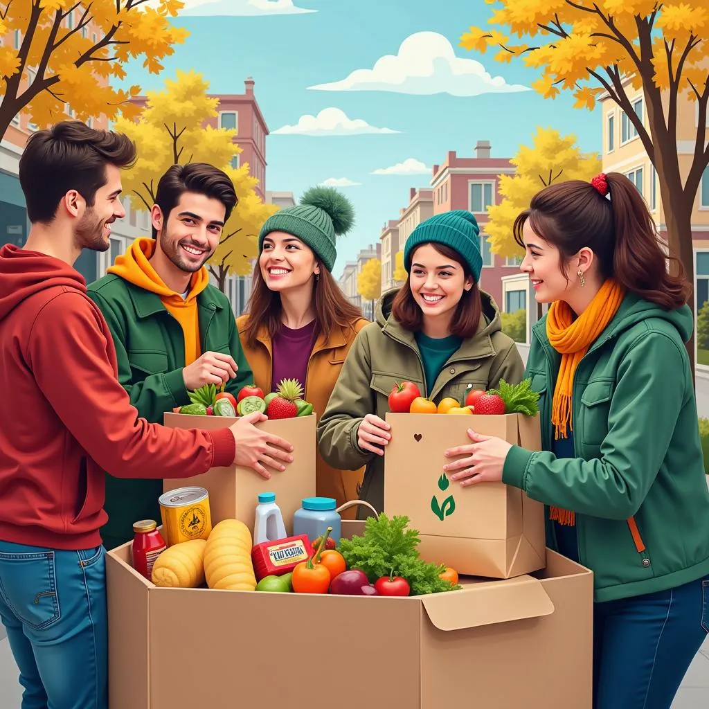 A community food drive with people donating bags of groceries.