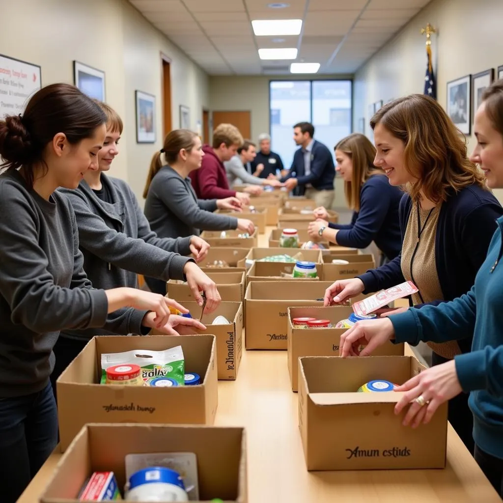 Volunteers at a Saint Vincent de Paul food distribution center organizing and packing food donations.