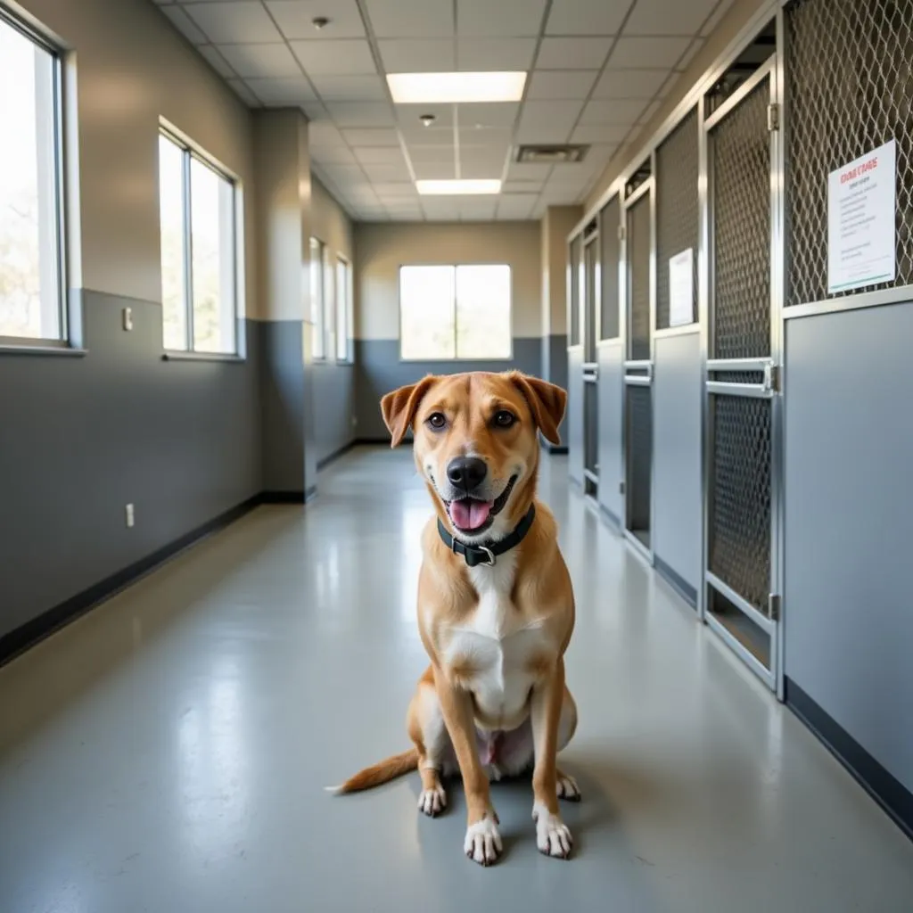 Dog peering out from kennel at Saline County Humane Society