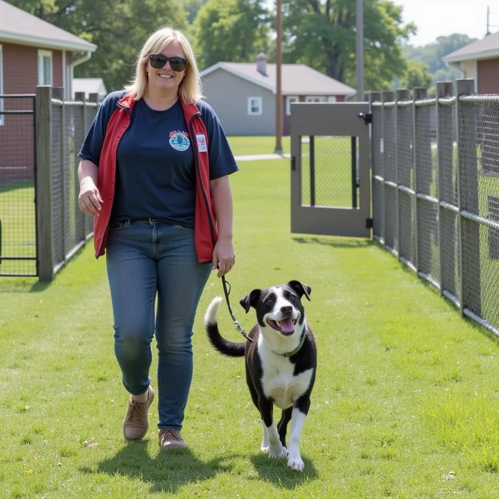 Volunteer walking a dog at the Saline County Humane Society