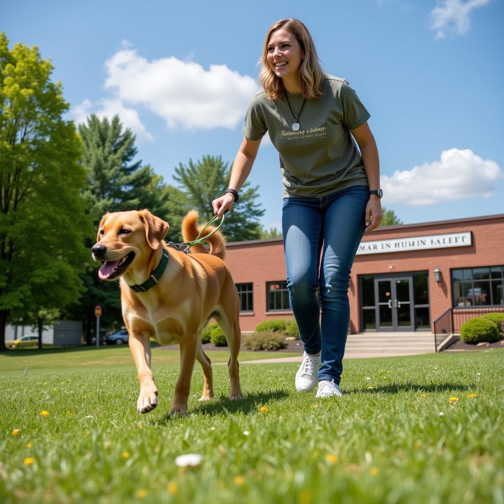 Volunteer walking a happy dog at the Salisbury Humane Society