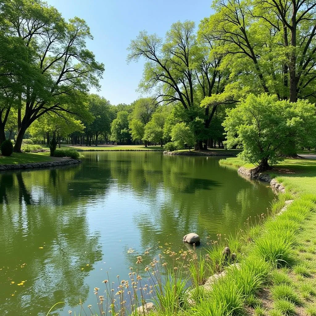 Peaceful pond at Sam Houston Park