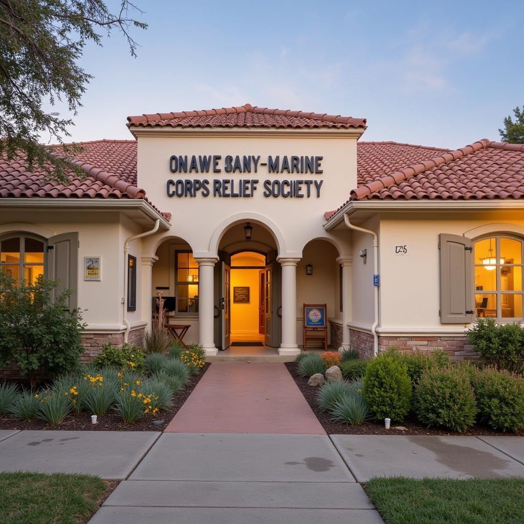 A welcoming building with the San Diego Navy Marine Corps Relief Society logo