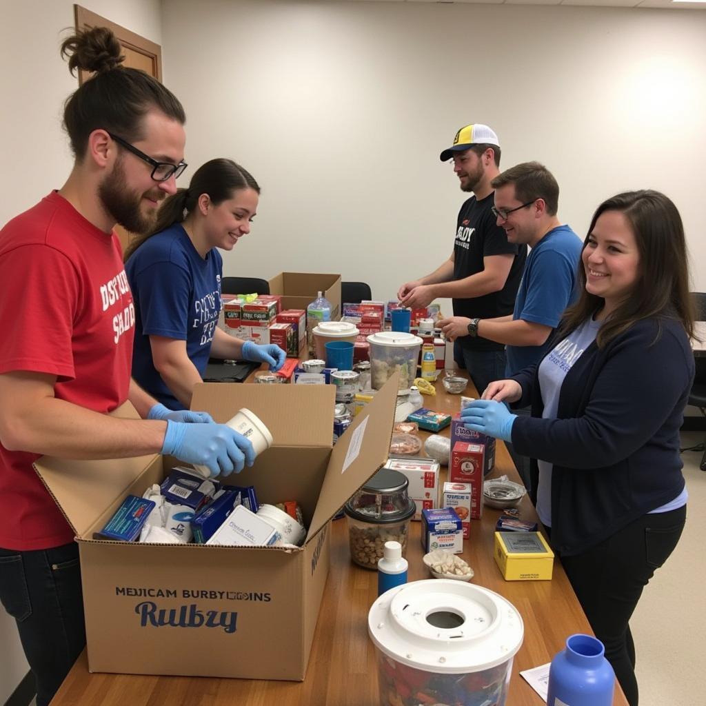 Volunteers smiling and organizing donated items