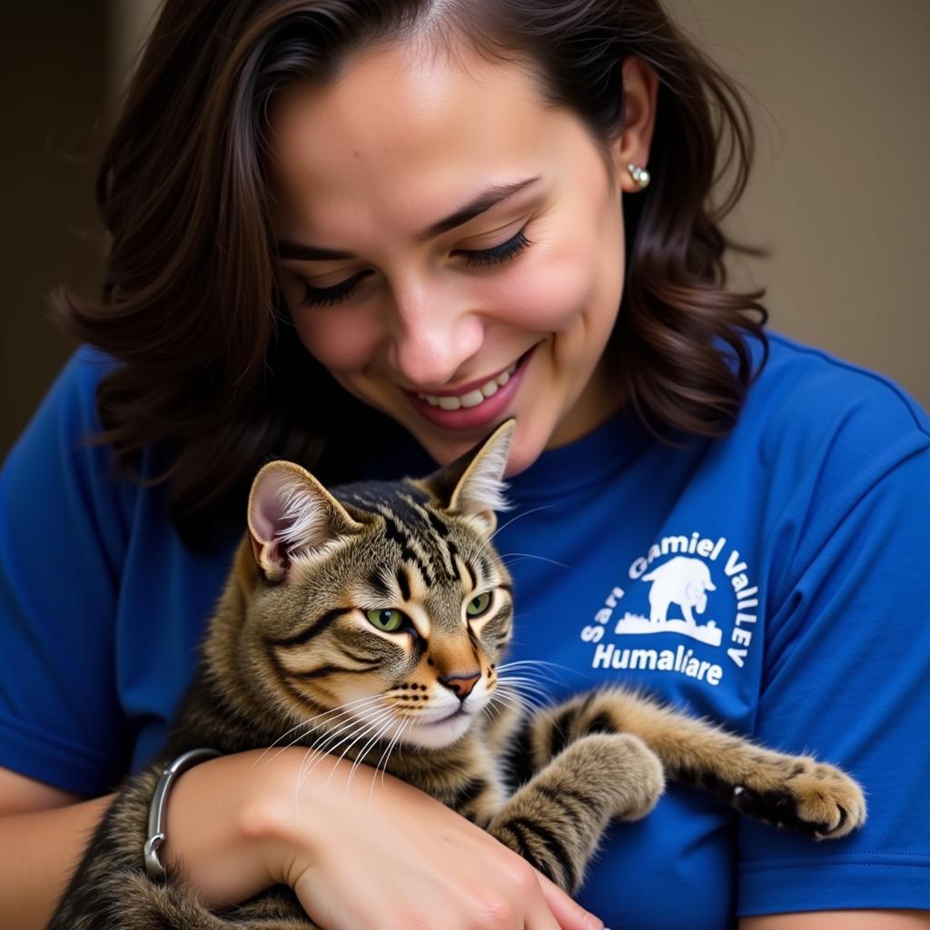  A heartwarming scene of a cat cuddling a volunteer at the San Gabriel Valley Humane Society