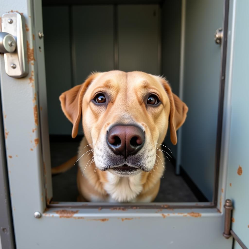 A dog looks out from a kennel at the Santa Cruz Humane Society