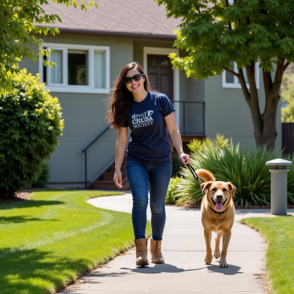 A volunteer walks a dog at the Santa Cruz Humane Society