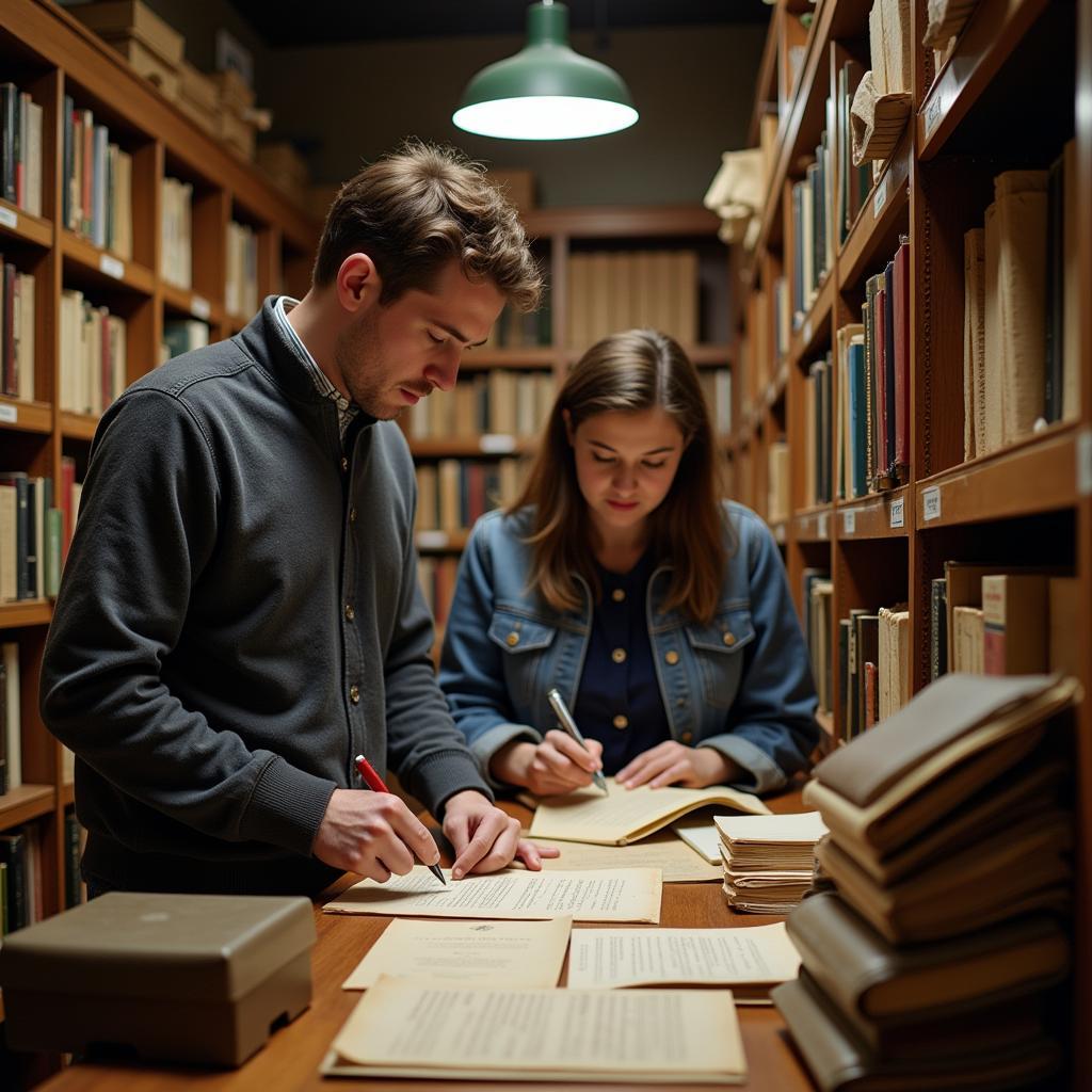 Researchers examining historical documents in the Schenectady County Historical Society archives