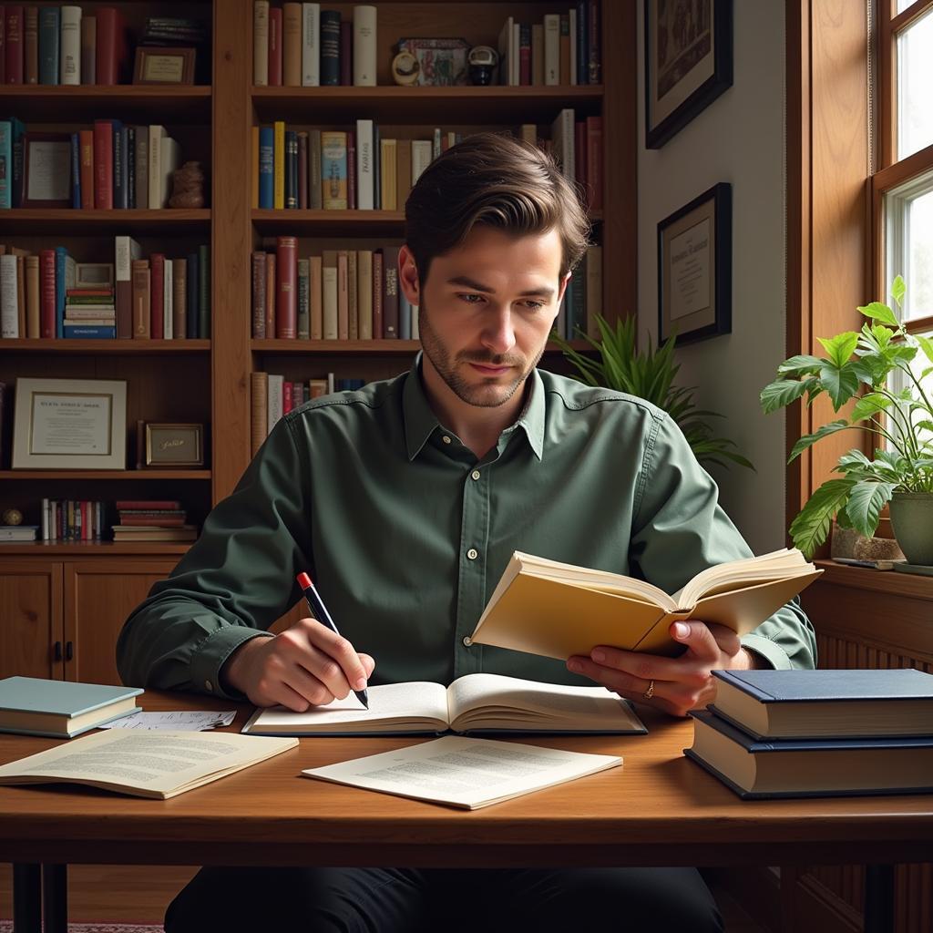 Image of a scholar using the SBL Handbook of Style while working on a research project