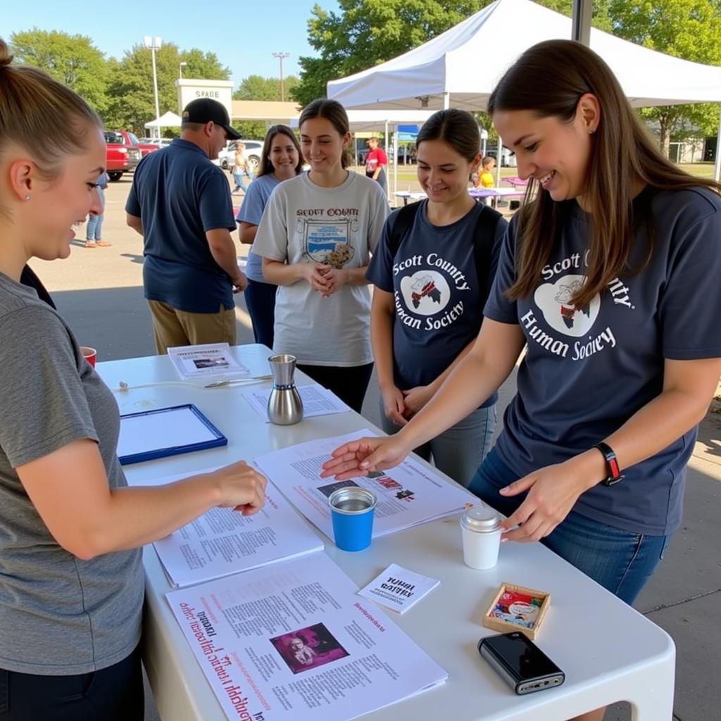  Volunteers from the Scott County Humane Society educating the public about responsible pet ownership at a community event.