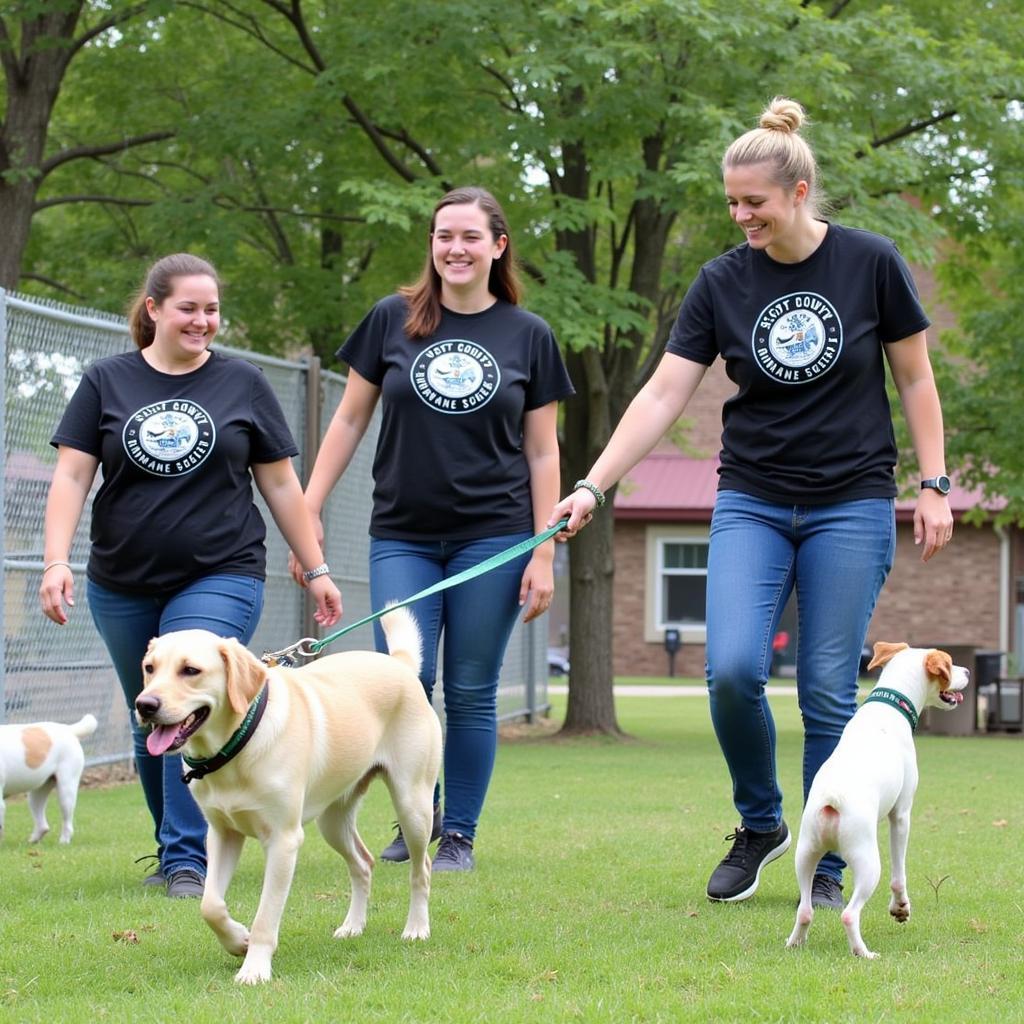 Volunteers at the Scott County Humane Society walk dogs and care for animals