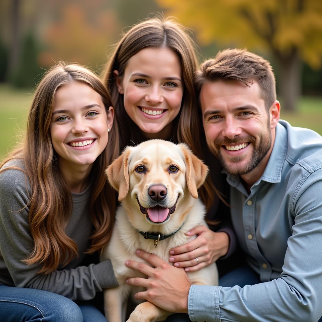  A happy family smiling with their newly adopted dog from the Scott County Iowa Humane Society