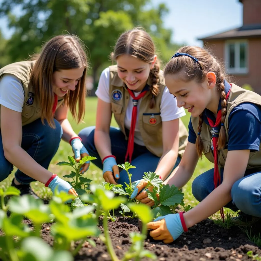 Scouts volunteering in a community garden