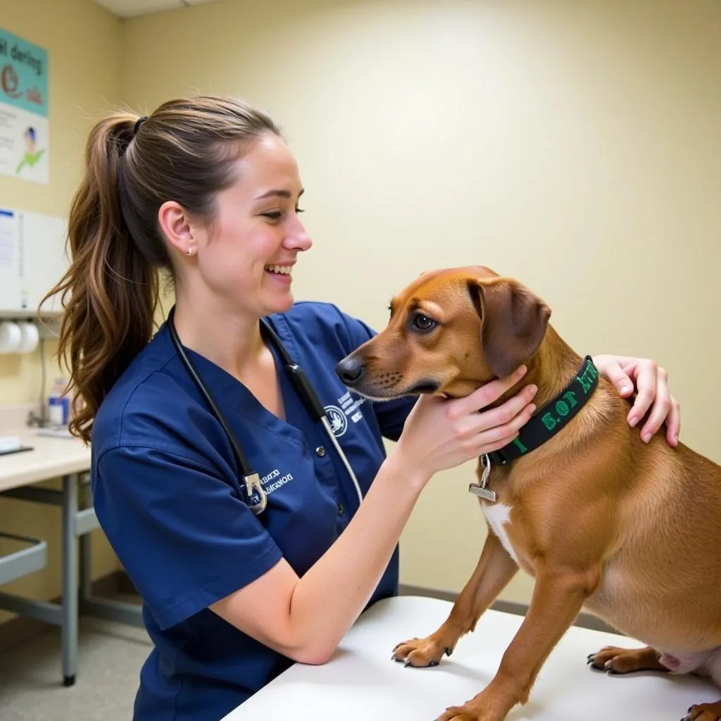 A veterinarian examining a dog at the SD Humane Society El Cajon