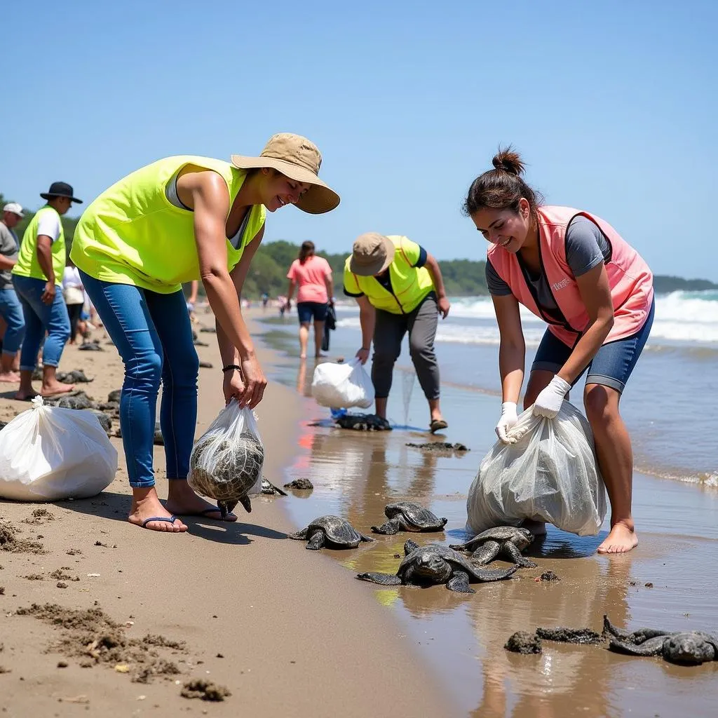 Sea Turtle Conservation Volunteers Cleaning Beach