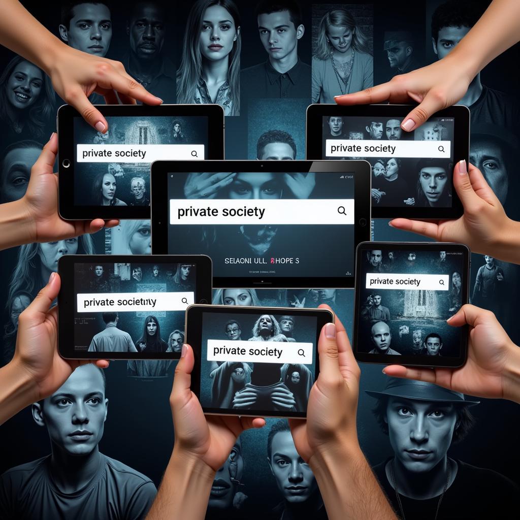 People using various devices to search for "private society full video" online, highlighting the potential risks and dangers associated with such searches.