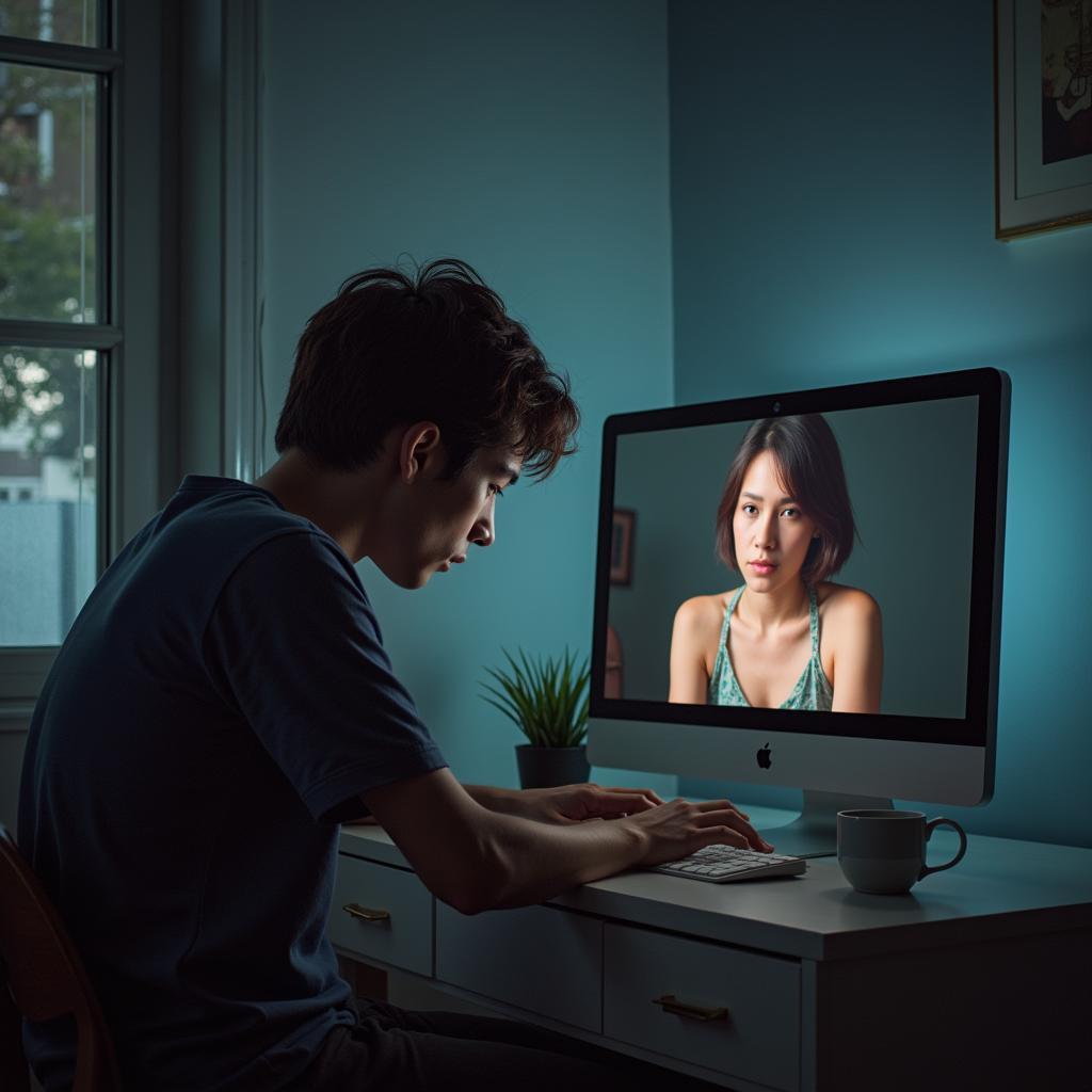 A person sitting alone on a couch, staring intently at a laptop screen with a troubled expression, illuminated by the screen's glow in a darkened room.