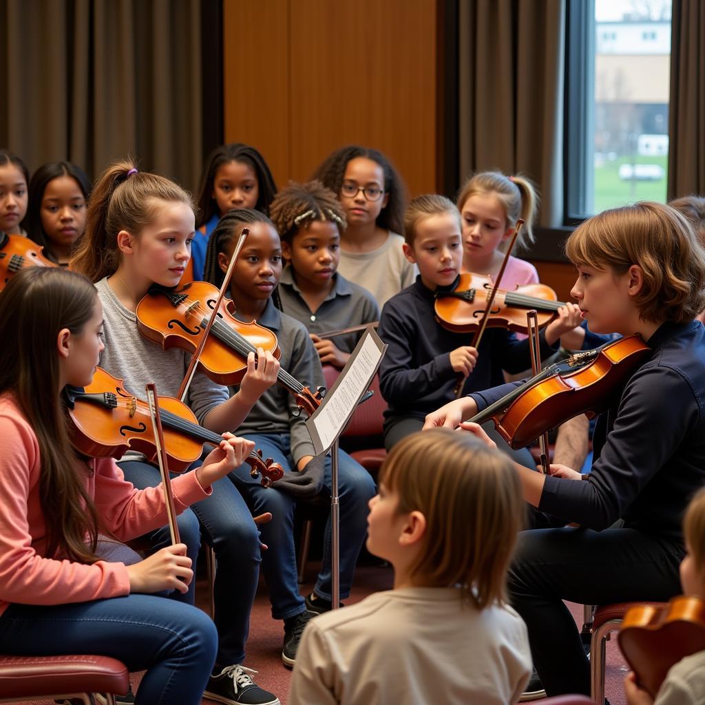 Seattle Chamber Music Society musicians interacting with children during an outreach program.