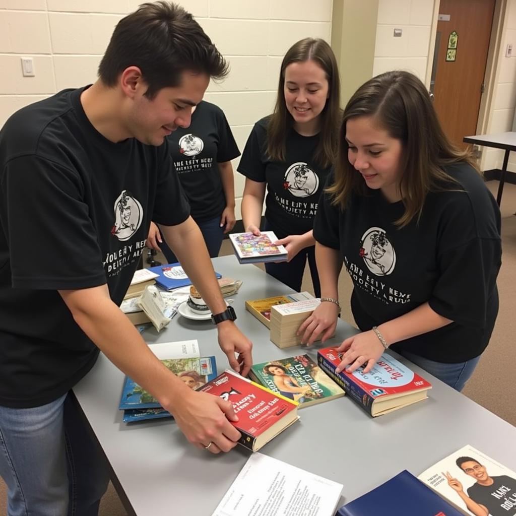 Members of the book club volunteering at a local charity event, setting up tables and books