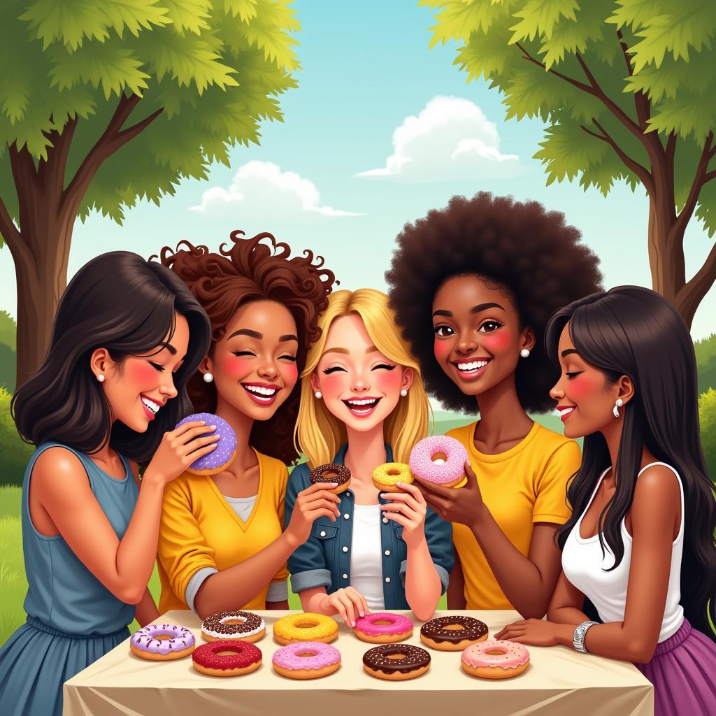 Diverse group enjoying donuts together