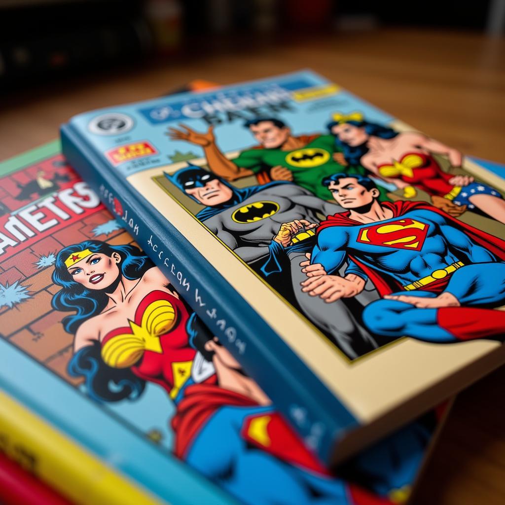 Justice League comic books stacked together