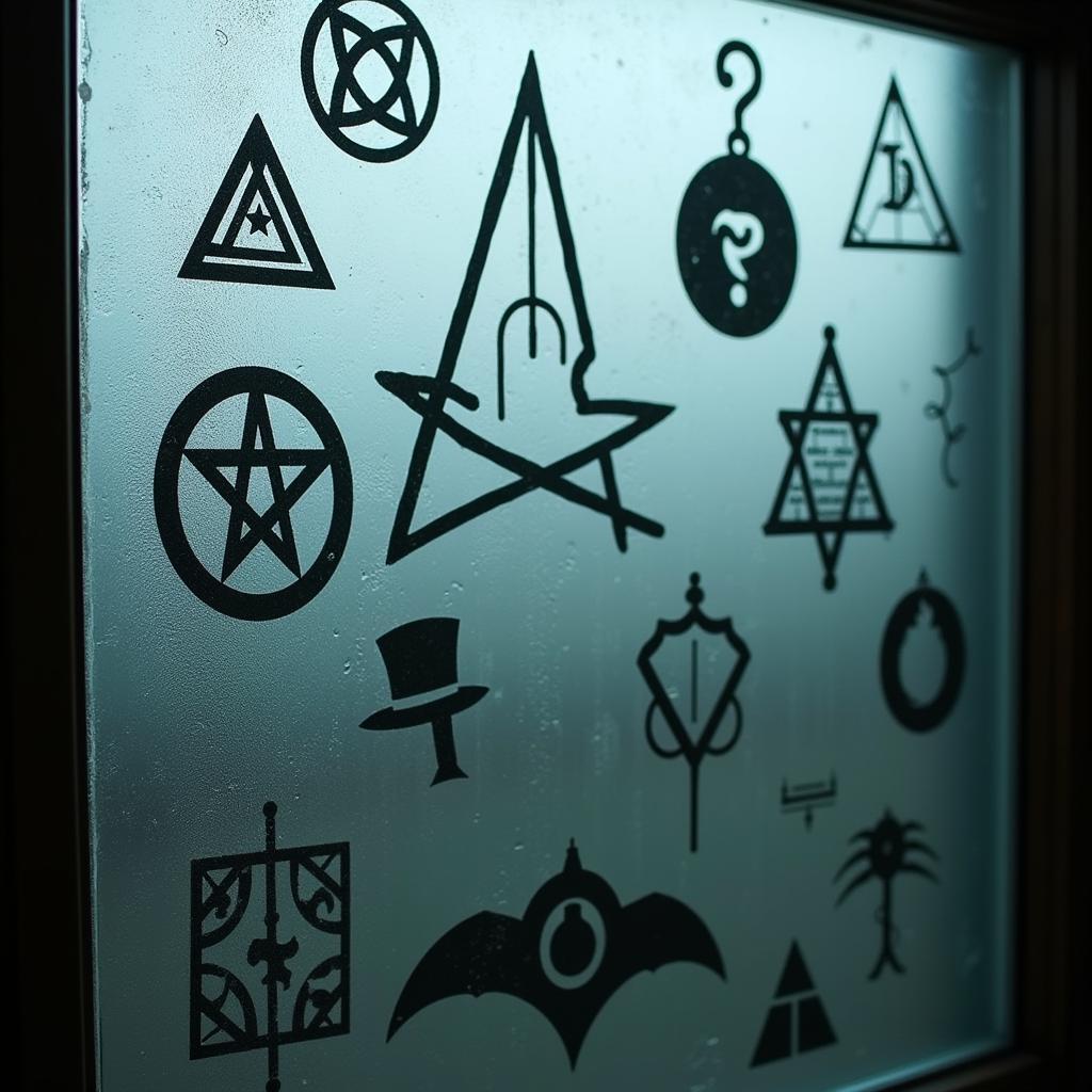 Secret society symbols etched into a glass surface