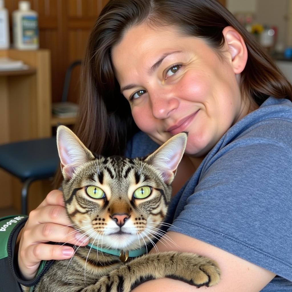 A senior cat being lovingly cuddled by a potential adopter at a Caroline County Humane Society adoption event