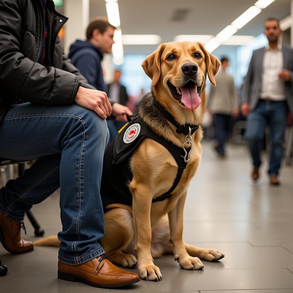 Service Animal in Public: A service dog wearing a vest sits patiently beside its handler in a cafe.